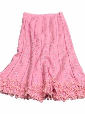 Vintage JSong Pink Floral Embroidered A-Line Linen Skirt Heart Embroidery 8